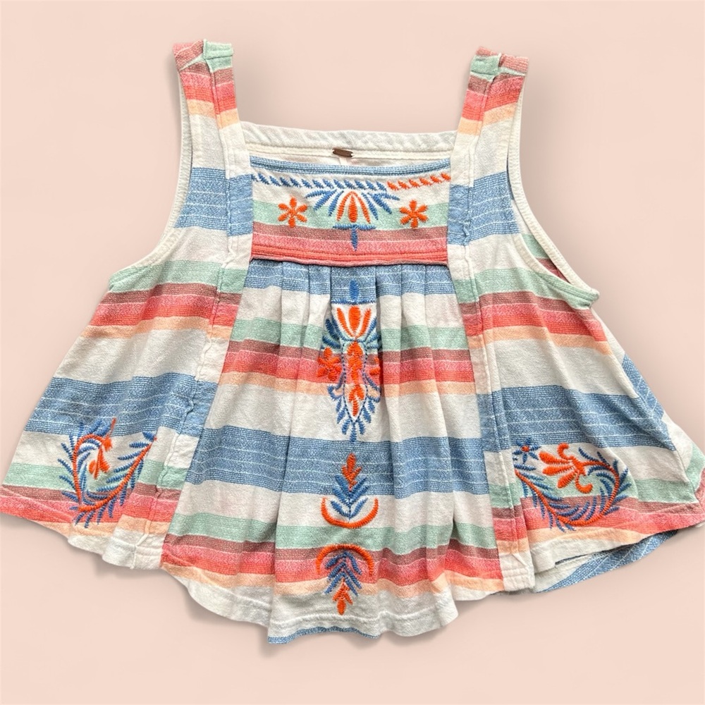 Free People Embroidered Stripe Cotton Cutout Swing Tank Top Size XS